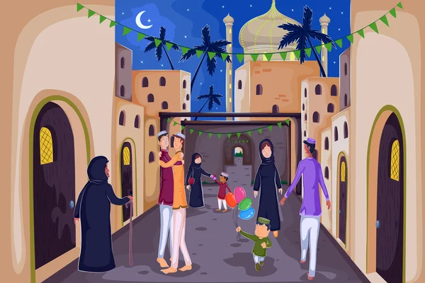 Familias musulmanas deseando feliz Eid — Archivo Imágenes Vectoriales