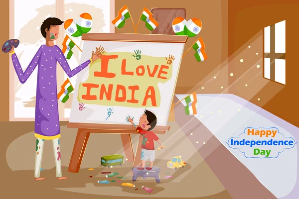 Povo indiano pintando Feliz Dia da Independência da Índia — Vetor de Stock