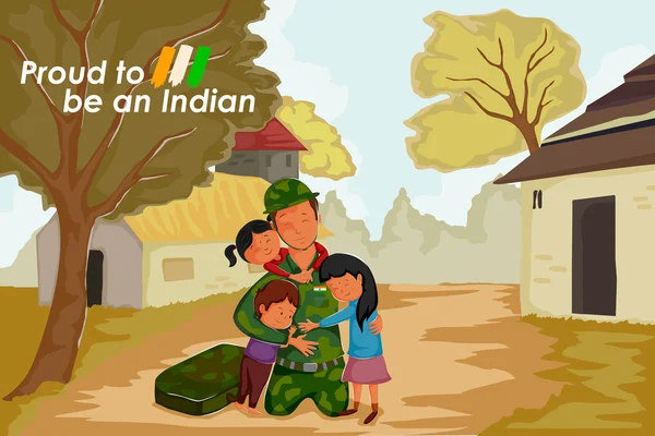 Indian soldier celebrating Happy Independence Day of India with kid — Stock Vector