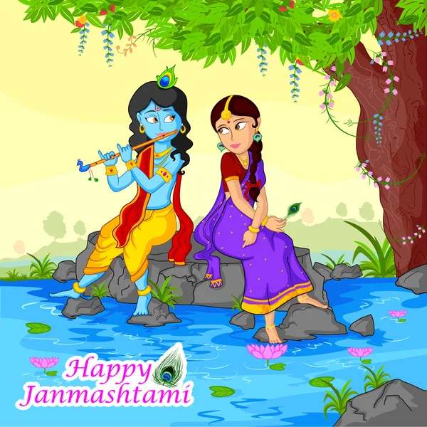 Krishna suona il flauto con Radha su sfondo Janmashtami — Vettoriale Stock
