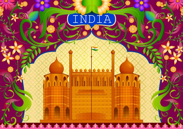 Fondo floral con Fuerte Rojo mostrando Increíble India — Vector de stock