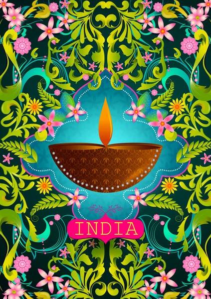 Floral background with Diwali Diya showing Incredible India — Stock Vector