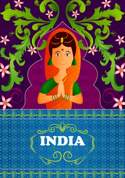 Fond floral avec des mains geste de bienvenue de la femme indienne montrant l'Inde incroyable — Image vectorielle