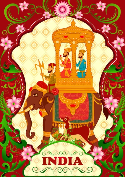 Fondo floral con King en paseo en elefante mostrando Incredible India — Vector de stock