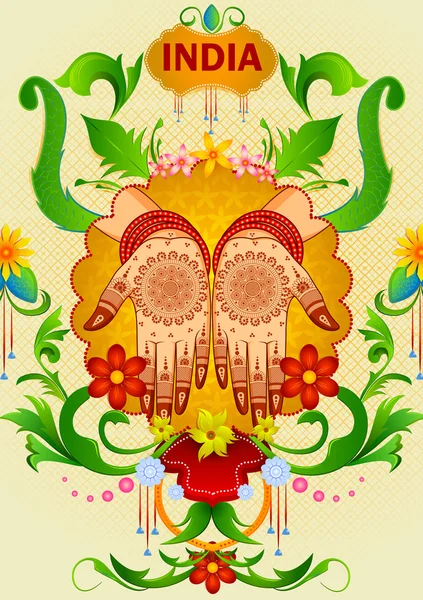 花卉背景与印度新娘黄麻袋牵手显示不可思议的印度 — 图库矢量图片