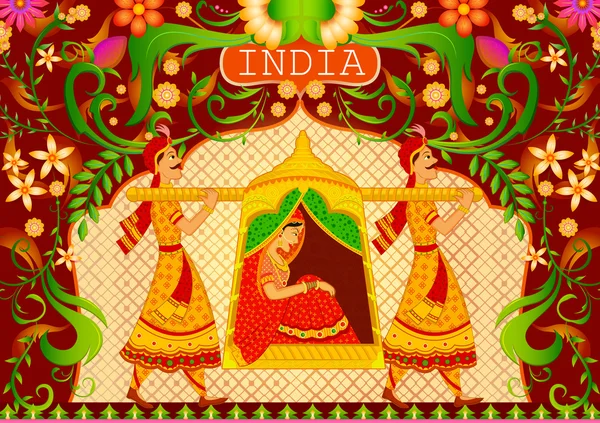 Fondo floral Señora en palanquín mostrando Increíble India — Vector de stock