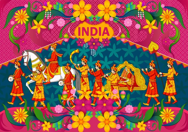 Floral background with Indian wedding baraat showing Incredible India — Stock Vector