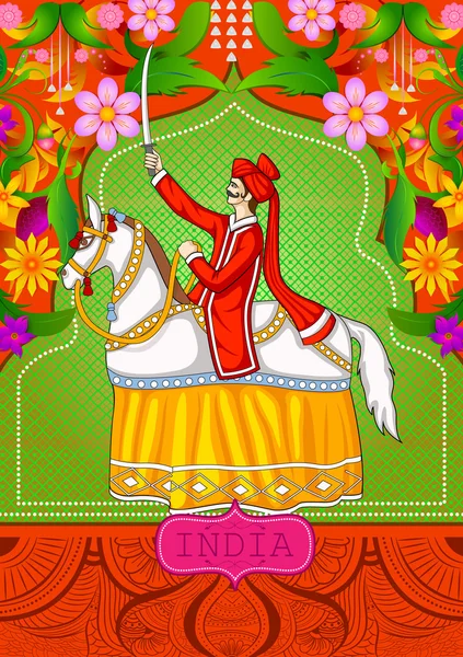 Fondo floral con danza de Kachhi Ghodi, arte popular de Rajasthan que muestra la India increíble — Vector de stock