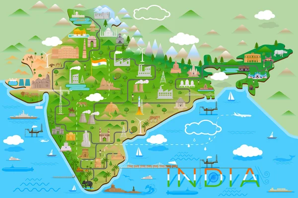 Mapa da Índia com monumento famoso e marco — Vetor de Stock