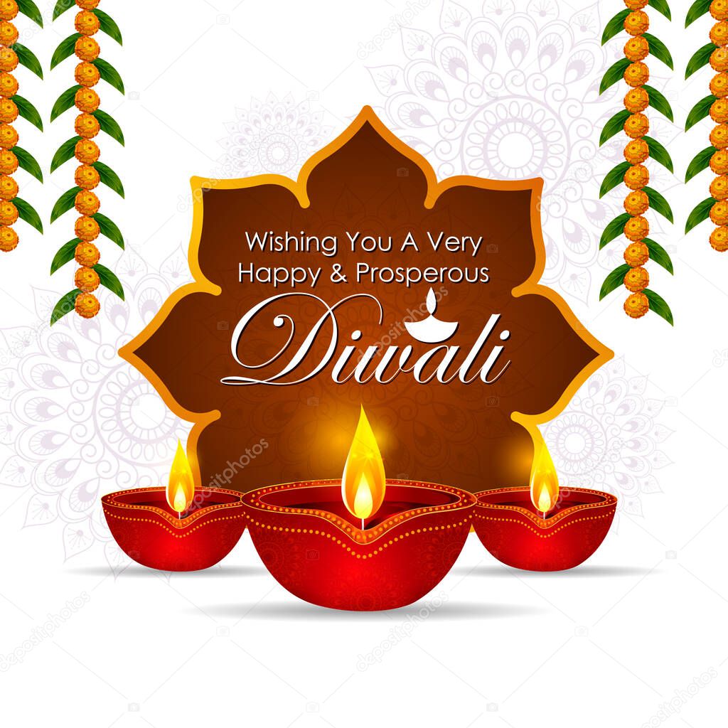 Happy Diwali decorated diya lamp on light festival of India greeting background