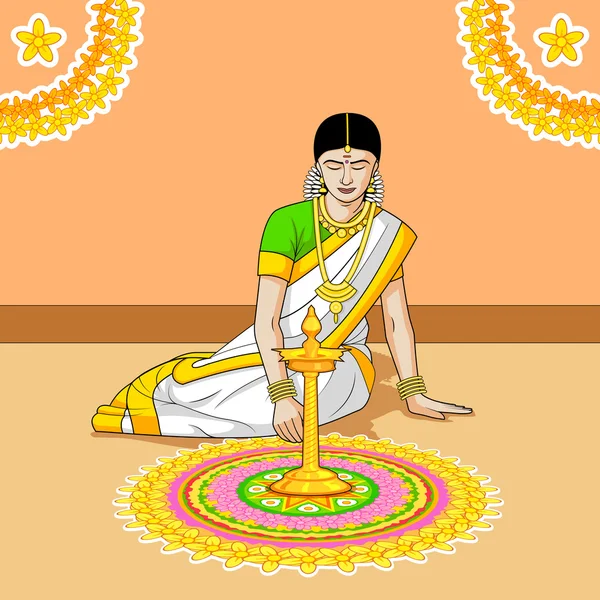 인도 축제 rangoli를 만드는 여자 — 스톡 벡터