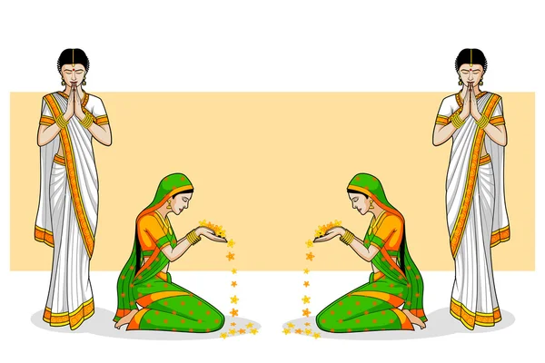 Mujer india en gesto de bienvenida — Vector de stock