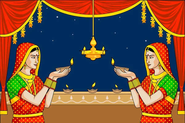 Indian lady with diwali diya — Stock Vector