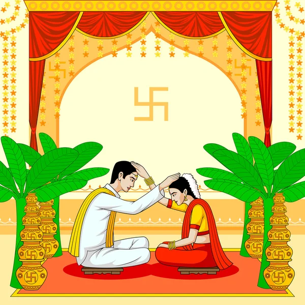 Braut und Bräutigam bei indischer Hindu-Hochzeit — Stockvektor