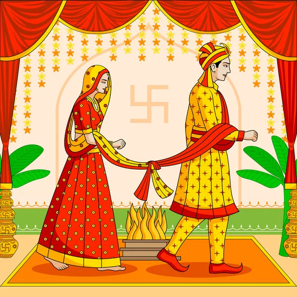 Braut und Bräutigam bei indischer Hindu-Hochzeit — Stockvektor