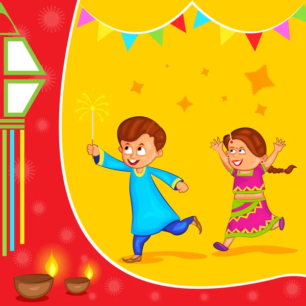 Kids enjoying firecracker celebrating Diwali — Stock Vector