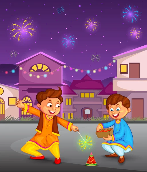 Kids enjoying firecracker celebrating Diwali — Stock Vector