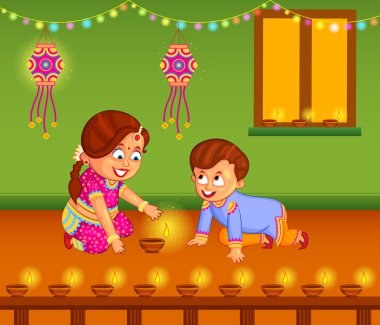 Diwal kutlama diya çocuklarla