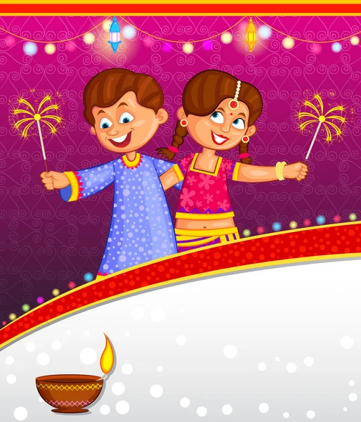 Kinder genießen Feuerwerk und feiern Diwali — Stockvektor