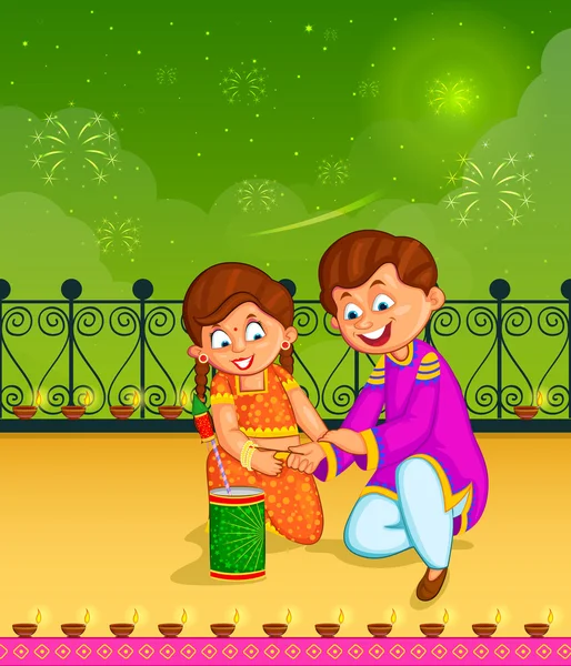 Barnen njuter av smällare firar Diwali — Stock vektor