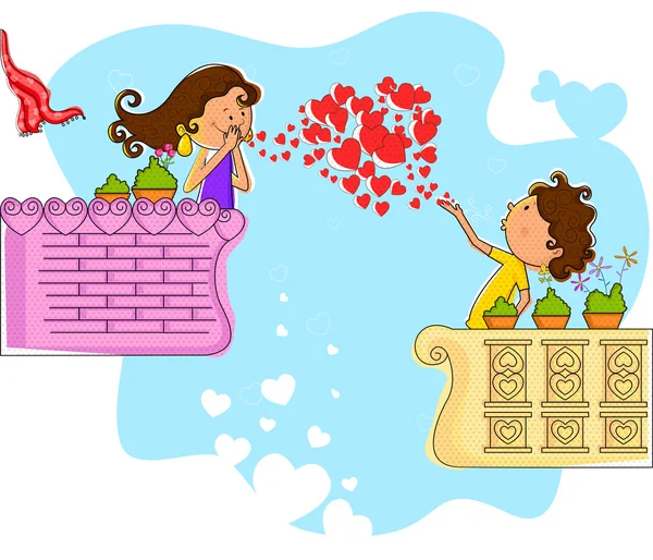 Couple amour soufflant coeur dans le balcon — Image vectorielle