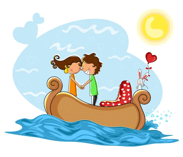 Love couple kissng in boat — Stock Vector