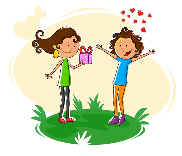 Девушка дарит подарок мальчику на День Святого Валентина — стоковый вектор