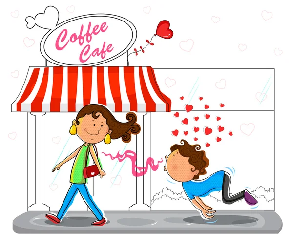 Любовная парочка флиртует перед кафе — стоковый вектор