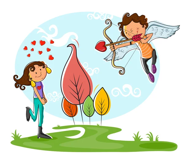 Love couple playing with bow and arrow — Stock Vector