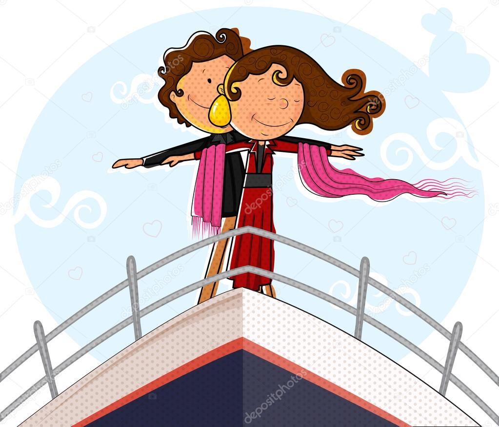 Love couple on ship deck in romantic pose