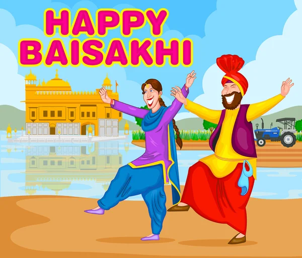 Sikh fazendo Bhangra, dança folclórica de Punjab, Índia para Happy Baisakh —  Vetores de Stock
