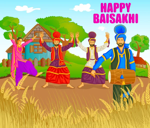 Sikh faisant Bhangra, danse folklorique du Pendjab, Inde pour Happy Baisakh — Image vectorielle