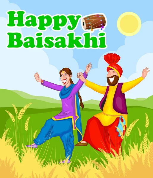 Sikh faisant Bhangra, danse folklorique du Pendjab, Inde pour Happy Baisakh — Image vectorielle