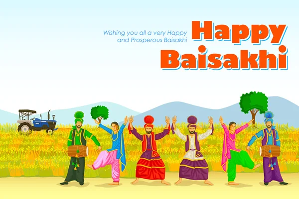 Sikh faisant Bhangra, danse folklorique du Pendjab, Inde pour Happy Baisakh — Image vectorielle