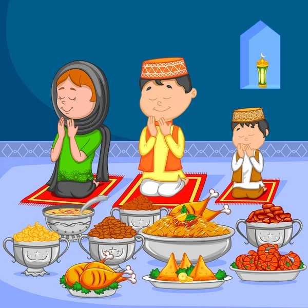 Felice famiglia musulmana godendo iftar per la celebrazione Eid — Vettoriale Stock