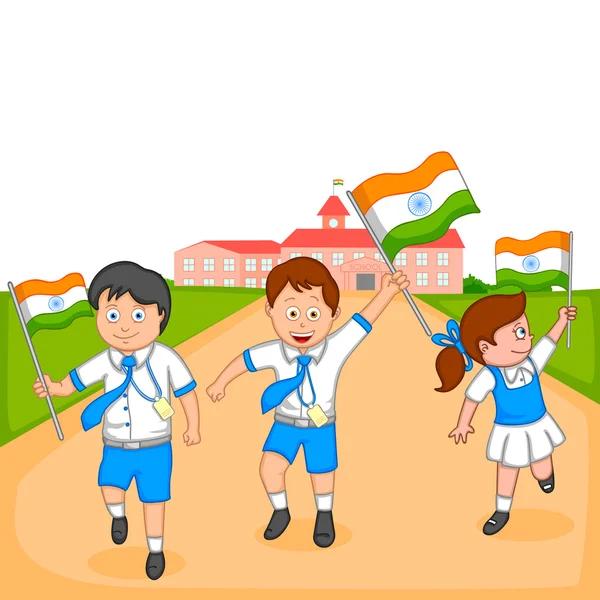 Intialainen lapsi nostaa lippua Intian — vektorikuva
