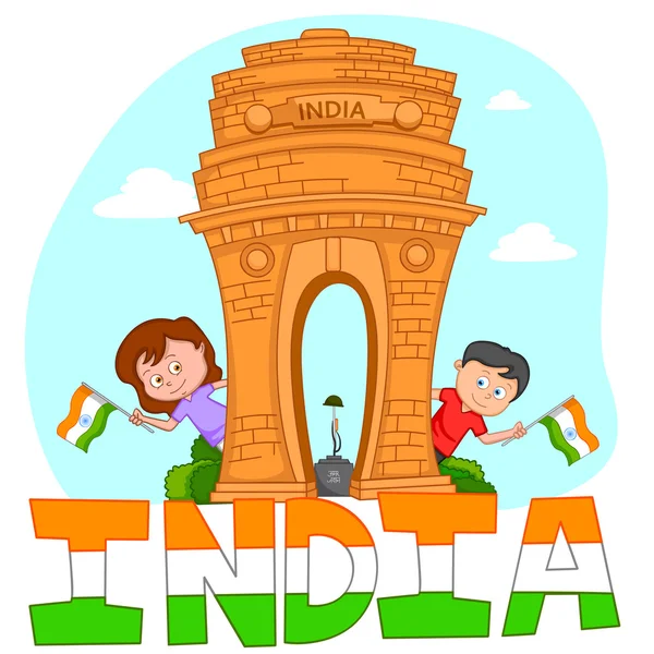Frère et sœur indiens avec drapeau de l'Inde — Image vectorielle