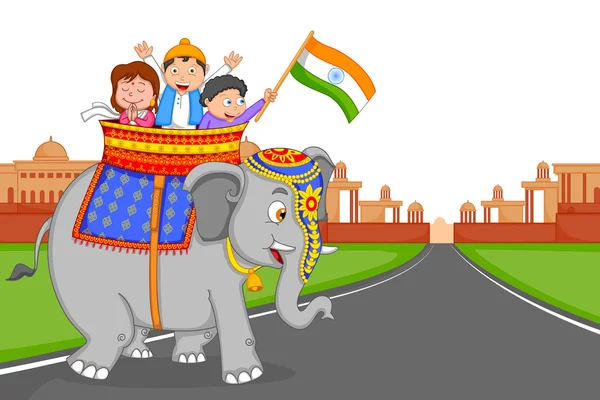 Indian kid hoisting flag of India — Stock Vector