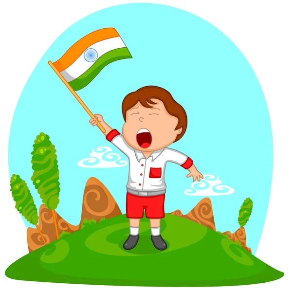 インドの国旗を掲揚インドの少年 — ストックベクタ