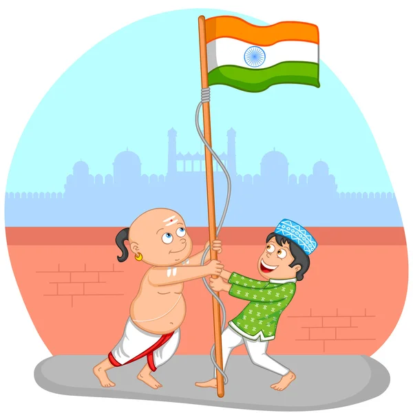 Niños indios izada bandera de la India — Vector de stock