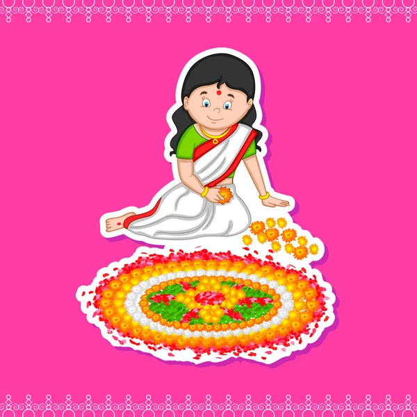 Mulher fazendo rangoli para festival indiano, Onam —  Vetores de Stock