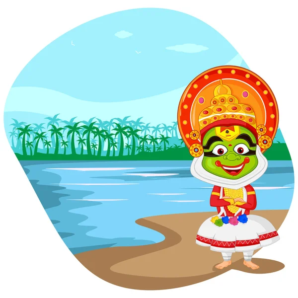 Kathakali danseuse souhaitant Happy Onam — Image vectorielle