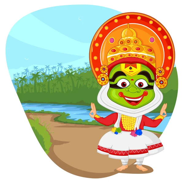 Kathakali danseuse souhaitant Happy Onam — Image vectorielle