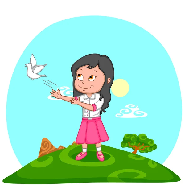 Girl releasing pigeon — Stock Vector