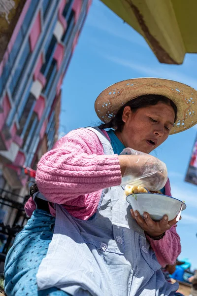 February 2020 Woman Eating Street Food Bolivia Potosi Bolivia — Stock Photo, Image