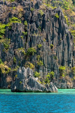 Filipinler 'deki El Nido Sahili' nde kristal sular ve kaya tepeleri oluşumları