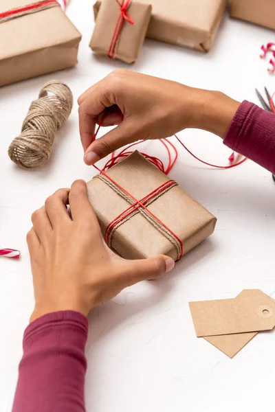 Female Hands Wrapping Christmas Gift Boxes Decorated Kraft Paper — Stock Photo, Image