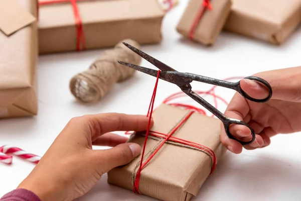 Female Hands Wrapping Christmas Gift Boxes Decorated Kraft Paper — Stock Photo, Image