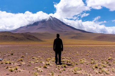 Şili 'nin Atakama Çölü' nde bulutlu bir günde karlı Licancabur yanardağına hayran olan tanınmayan bir adamın silueti.