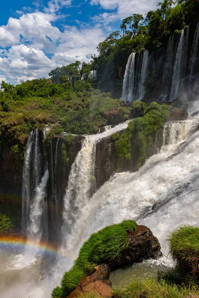 Чудовий Краєвид Водоспаду Ігуасу Водою Падає Серед Буйної Рослинності Сонячний — стокове фото